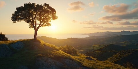 Serene Sunset Overlooking a Cross on a Hill with Lush Greenery and a Tranquil Landscape in the Background