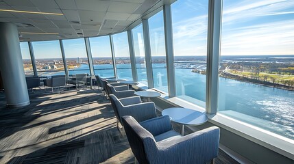 Fototapeta premium Panoramic city view from modern office lounge.