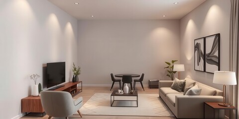 Neutral and sophisticated gray living and dining room corner with panoramic view, comfortable, stylish