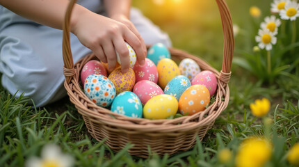 A wicker basket filled with vibrant painted Easter eggs, placed on green grass surrounded by spring flowers, celebrating Easter