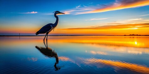 Obraz premium Galveston Bay Heron Silhouette Reflection - Sunrise Coastal Bird Photography