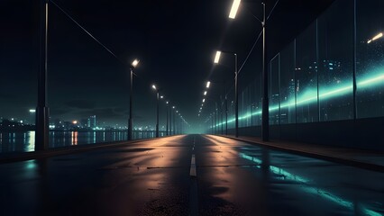 Futuristic empty night scene. Empty street scene background with abstract spotlights light. Night view of street light reflected on water Generative AI