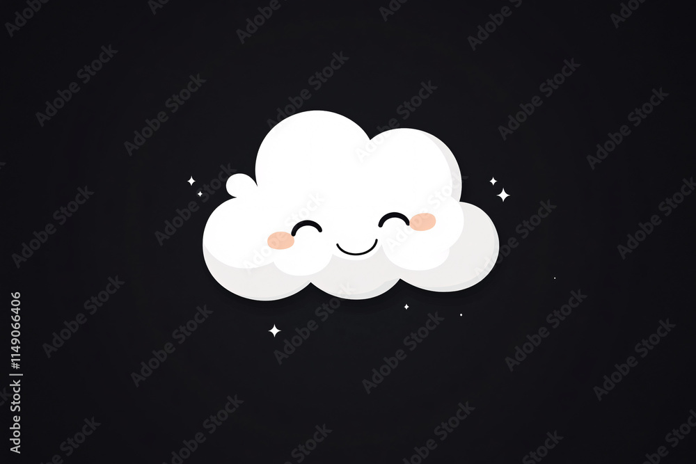 Poster a cheerful cartoon-style white cloud with a smiling face and blushing cheeks floating on a black bac