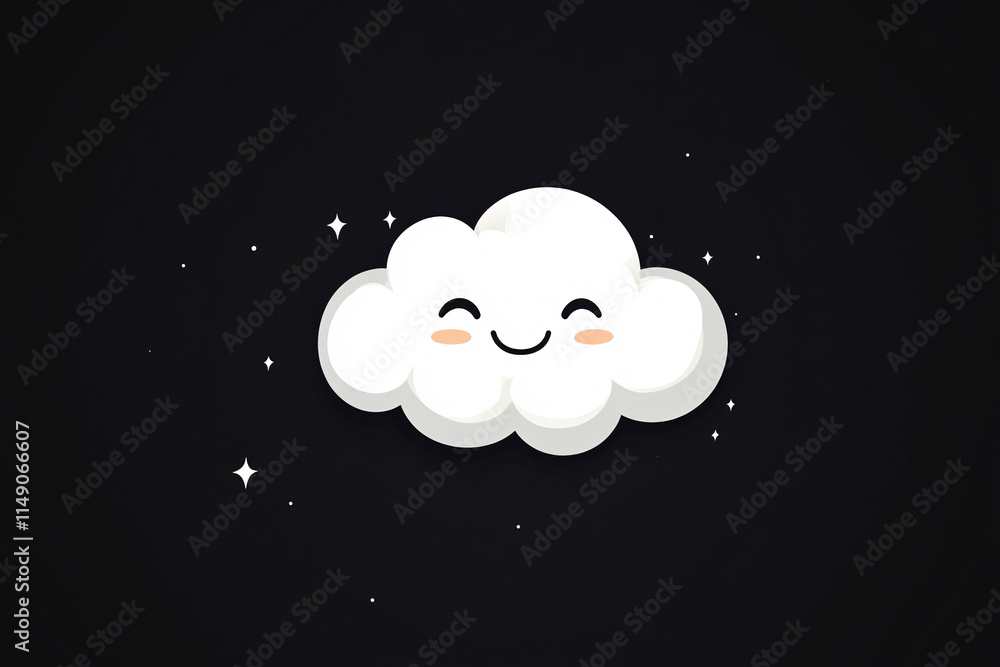 Poster a smiling cartoon cloud with closed eyes and soft cheeks surrounded by tiny stars on a dark backgrou