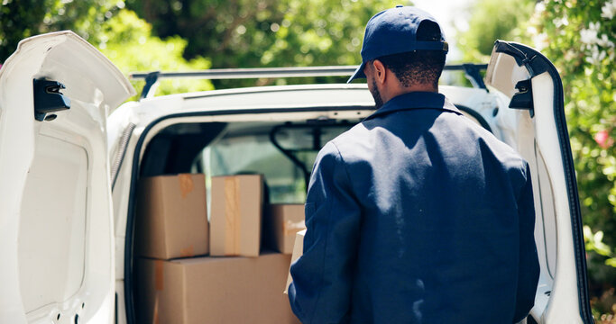 Courier, man and package in van outdoor for delivery service, cargo distribution or supply chain. Logistics, back or male driver in export industry for boxes shipping, transport or ecommerce business