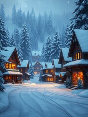 Fototapeta premium Christmas village scene with snow-covered houses, snow covered houses, snowy landscape, charming village, holiday decorations, quaint village