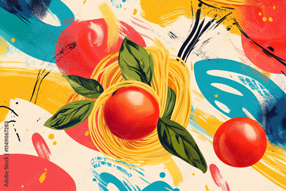 Poster a bold artistic composition of spaghetti with basil and tomatoes on a colorful abstract background w