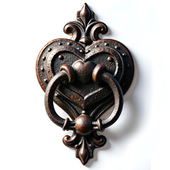 Elegant heart shaped door knocker with ornate detailing and rich patina finish, photography of still life concept.