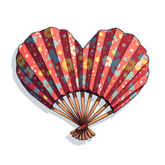 Colorful heart shaped fan with floral patterns and stripes for decorative purposes, digital illustration of artistic design concept.