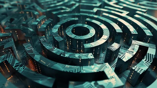 Big data forms a complex circular maze with integrated circuits, representing the intricate and challenging nature of data analysis and problem solving in modern technology