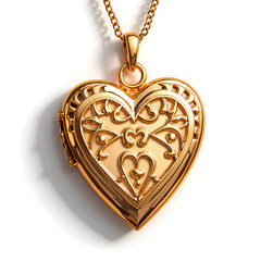 Intricately designed heart shaped golden locket with elegant floral patterns for timeless sentiment, 3d rendering of jewelry design concept.