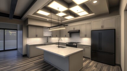 Modern kitchen with island, gray cabinets, and hardwood floors.