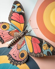 Close-up of a vibrant butterfly sculpture with stained-glass-style wings resting against a colorful abstract geometric background, emphasizing artistic design and intricate craftsmanship.
