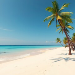 Fototapeta premium Golden sand and turquoise ocean water on a tropical beach with palm trees, coastal scene, turquoise water, palm trees, tropical island