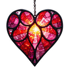 Illuminated heart shaped stained glass display with vibrant shades of red and pink, digital art of still life concept.