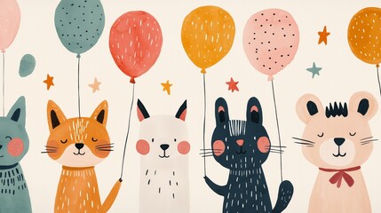 Festive animal celebration with balloons whimsical art playful atmosphere cheerful design