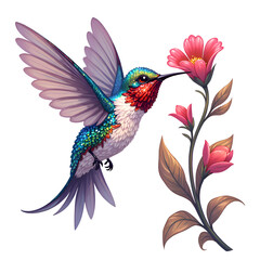 Obraz premium Vibrant hummingbird amidst blossoming flowers in a whimsical garden setting, digital art of nature illustration concept.