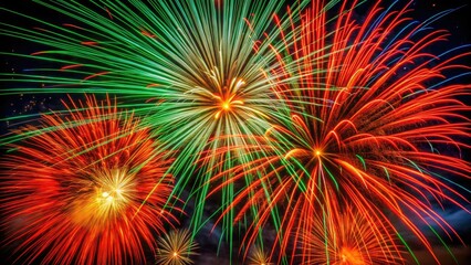 Fototapeta premium Abstract firework art: red, green bursts, dynamic streaks illuminate the night sky, capturing festive explosions and sparkling pyrotechnics.