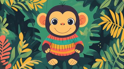 Fototapeta premium Monkey in sweater, playful mood, cute cartoon character surrounded by lush foliage, copy space