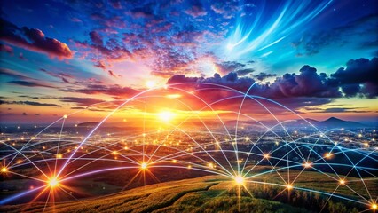 Global Digital Business Landscape: Gradient Sky, Growing Network, Futuristic Technology