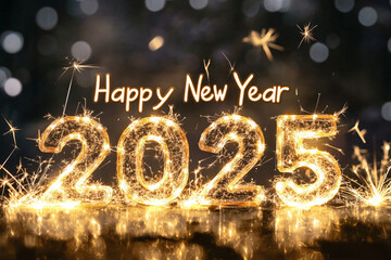A glowing Happy New Year 2025 sign with gold sparklers on a festive dark background creating a celebratory atmosphere  
