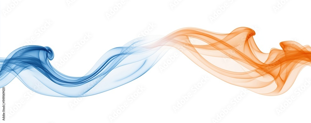 Poster abstract design with blue, orange flowing smoke. smooth lines, curves create dynamic motion effect o
