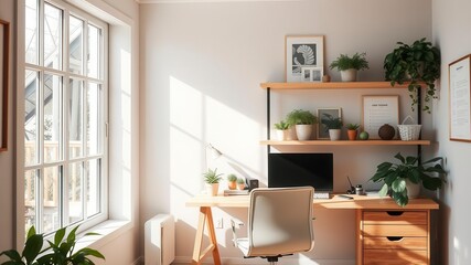 A cozy home office with wooden desk, chair, and shelves covered in green plants, natural light coming from a window, and inspirational posters on the walls, inspiration, window, chair