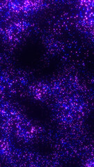 Vibrant galaxy vertical background 9:16, copy space. Glow purple bright blue particles explosion on black backdrop. Dark sci-fi wallpaper. Abstract cosmic dust texture. Light dots. Digital technology