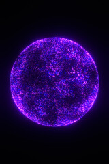 Glowing purple and blue particles in shape of sci-fi sphere on black backdrop. Dark vertical abstract background with hi-tech 3D globe ball. Digital Earth. Cyber technology, 5G, business, connection