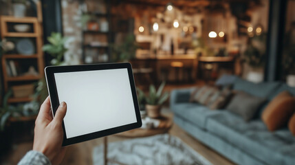 Tablet mockup with hand, modern mood, blank screen displayed in cozy living room, copy space