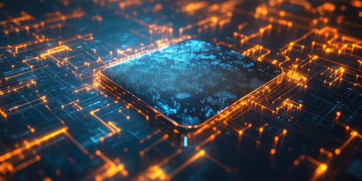 A digital microchip surrounded by glowing circuitry, symbolizing advanced technology.