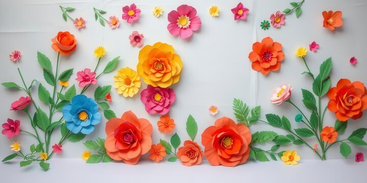 Backdrop of vibrant paper roses in various colors, craft, backdrop