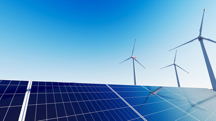 ULTRA HD. Solar power plant and windmills turbine. Renewable energy, green tech. Green energy, renewable energy concept. Windmill farm.	
