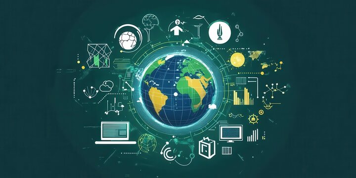 A digital representation of Earth surrounded by technology and nature icons.