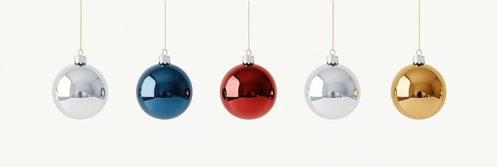 Five shiny Christmas balls hang from strings. Silver blue golden, red baubles. Isolated on white background. Festive holiday ornaments. Great for Christmas, New Year decor. Perfect for various