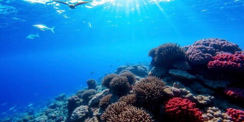 Obraz premium Clear blue sea water with sun rays shining through the surface, revealing a mesmerizing underwater world of colorful corals and marine life, oceanic, serene