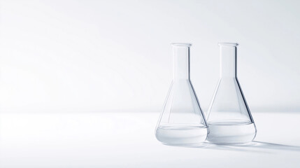 Two clear Erlenmeyer flasks with transparent liquid stand on white surface. Minimalist science still life shows lab glassware filled with liquid. Minimal design, suitable for lab, science-related