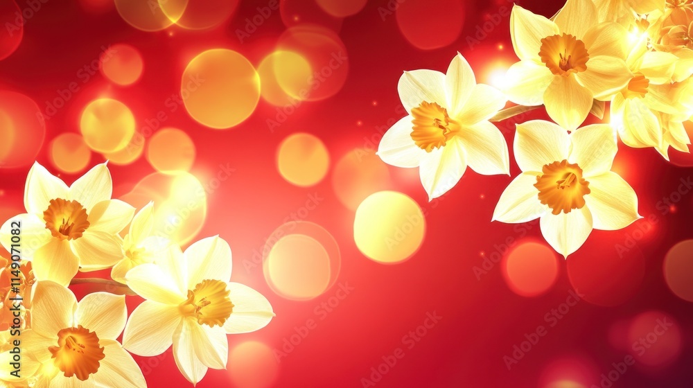 Poster yellow daffodils on red bokeh background.