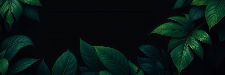 Fototapeta premium Dark pattern featuring lush exotic leaves in shades of green and black, dark, background, leaves