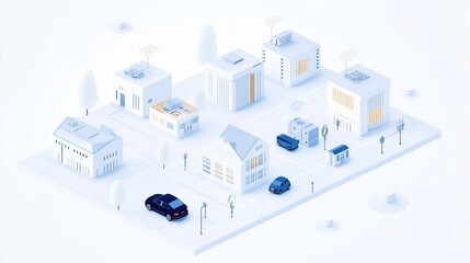 Smart city concept shows buildings connected by tech grid. IoT devices track resources, energy. Cars, vehicles move through network. Eco-friendly urban infrastructure concept. Future urban planning