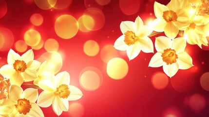 Fototapeta premium Yellow daffodils on red bokeh background.