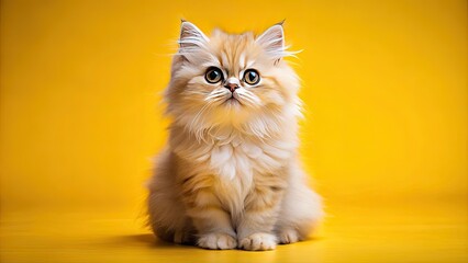 Fototapeta premium Adorable fluffy Persian kitten, candidly captured, its peak nose and sweet face shining against a sunny yellow backdrop.