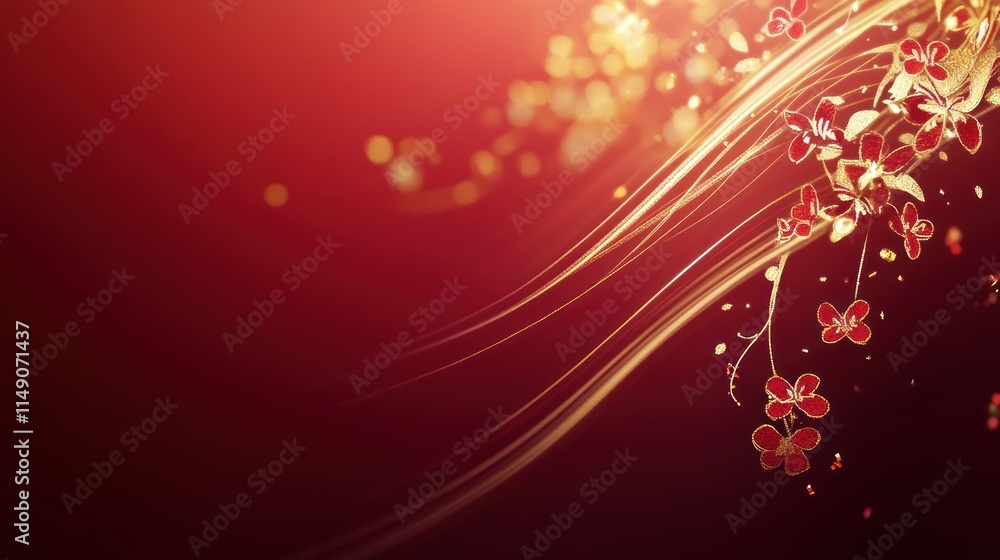 Poster red and gold abstract floral background with flowing lines and bokeh lights.