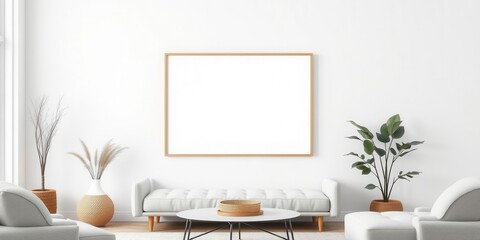 A modern poster mockup hanging on clips on a white wall in a stylish living room, decoration, minimalistic, photo