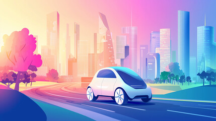 A sleek, white electric car drives along a curved road in a vibrant, futuristic city at sunrise. Modern skyscrapers and colorful trees form a picturesque backdrop.