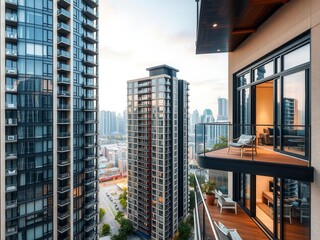 A modern, spacious apartment unit with a highlighted balcony on a high-rise condo building, exterior, architecture