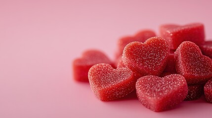 Obraz premium Close-up of a pile of red heart-shaped candies on a pink background.