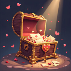 A magical treasure chest overflowing with love letters and heart shaped gems under a spotlight, digital art of whimsy concept.