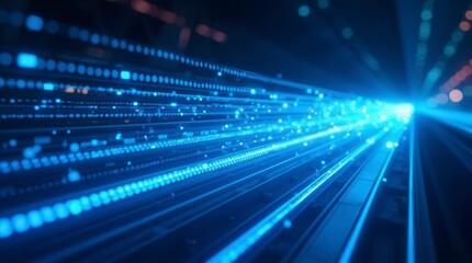 Blue Glowing Abstract Light Rail: Speeding Neon Light Trails In Sci-Fi Style. Futuristic Glow Burst With Networking Elements. Bright Cinematic Fantasy Lines Creating A Dynamic Speed Effect