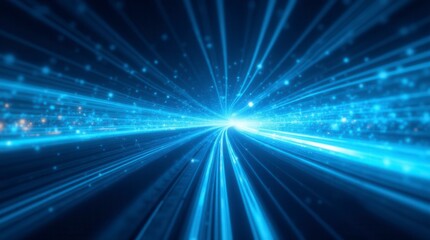 Obraz premium Blue Glowing Abstract Light Rail: Speeding Neon Light Trails In Sci-Fi Style. Futuristic Glow Burst With Networking Elements. Bright Cinematic Fantasy Lines Creating A Dynamic Speed Effect